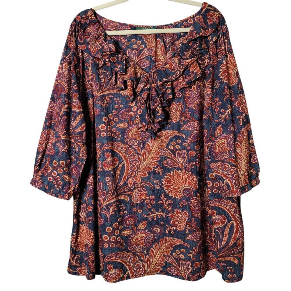 Lauren Ralph Lauren Teal Paisley Peasant Boho Cotton Ruffle Front Work Top 3X